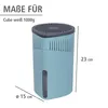 A product shot of a turquoise dehumidifier with dimensions indicated. Produktbild-Vorschau