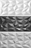 Three panels showing the same geometric textured wall panel in different colors: white, dark gray, and a speckled light gray. Anteprima dell’immagine prodotto