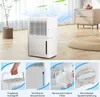 A collage of images showing a white dehumidifier and its features, set in a home environment. Produktbild-Vorschau