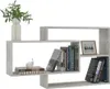 A white, modern, asymmetrical wall shelf unit displaying books, a decorative snail figurine, and a framed picture. Produktbild-Vorschau