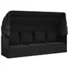 A black outdoor lounge bed with a canopy and cushions, shown from the front. Produktbild-Vorschau