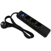A black power strip with three outlets and two USB ports, shown on a white background. Produktbild-Vorschau