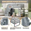 A collage of images showing a multi-functional loft bed with storage, including close-ups of its features. Produktbild-Vorschau