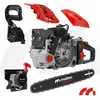 A collection of chainsaw parts, including the engine, chain, bar, and various covers, laid out against a white background. Produktbild-Vorschau