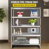 A stainless steel storage shelf with various items on its shelves, including decorative items, books, a plant, a radio, and storage boxes. Podgląd zdjęcia produktu