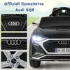 A collage showcasing details of a black Audi SQ8 ride-on toy car, including the steering wheel, front grille, and wheel rim, alongside a front view of the car. Produktbild-Vorschau