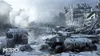 A post-apocalyptic, snow-covered urban environment with a destroyed building and a military vehicle. Produktbild-Vorschau