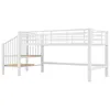 A white metal loft bed with wooden steps against a white background. Produktbild-Vorschau