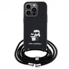 A black iPhone case with a Karl Lagerfeld and Choupette graphic and a black crossbody strap. Produktbild-Vorschau