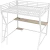 A white metal loft bed with a wooden desk attached underneath. Produktbild-Vorschau