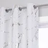 Close-up view of white curtains with a silver marble-like pattern hanging from a curtain rod. Produktbild-Vorschau