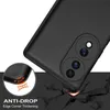 A black phone case is shown at an angle, with a close-up inset highlighting its anti-drop features. The background is dark and textured, suggesting impact. Produktbild-Vorschau
