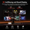 A marketing image showcasing a mini PC setup with multiple displays, highlighting its 8K resolution and quad display capabilities, along with connectivity options and use cases like gaming and office work. Produktbild-Vorschau
