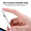 A hand holding a stylus pen, with text describing its features. Produktbild-Vorschau