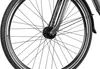 Close-up of the front wheel of a bicycle, showing the spokes, tire, and part of the fork. Produktbild-Vorschau