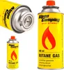 A collage of images showing a yellow gas canister for camping stoves, with close-ups of the top and a smaller version of the canister. Voir les images du produit