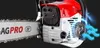 Close-up of a red and silver gasoline-powered chainsaw with blue stylized airflow graphics emanating from the engine area. Podgląd zdjęcia produktu
