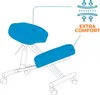 Illustration of an ergonomic kneeling chair with callouts highlighting its features. Produktbild-Vorschau