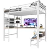 A white metal loft bed with an integrated desk and shelving unit. Produktbild-Vorschau