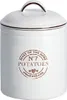 A white ceramic potato storage container with brown text and a brown handle. Produktbild-Vorschau