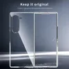 A clear, transparent phone case is shown against a dark, reflective background with light streaks. Produktbild-Vorschau