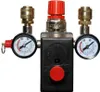 A close-up studio shot of an air pressure regulator with two gauges. Produktbild-Vorschau