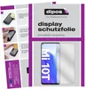 A collage showing instructions for applying a screen protector and a product image of the screen protector. Produktbild-Vorschau
