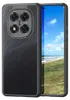 A black phone case with a wavy pattern is shown next to a smartphone displaying a beach scene. Produktbild-Vorschau