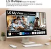 A family and a dog are shown on the screen of an LG MyView Smart TV Monitor, with a woman working at a desk on the right side of the screen. Produktbild-Vorschau