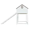 A white loft bed with a slide and a house-shaped top, shown from the side against a white background. Produktbild-Vorschau