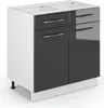 A 3D rendering of a kitchen base cabinet with two drawers and two doors. Voir les images du produit
