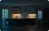 A modern kitchen at night, with under-cabinet lighting and a central island. Podgląd zdjęcia produktu