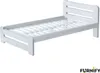 A white wooden single bed frame with a slatted base and a slatted headboard, shown against a white background. A small logo is visible in the bottom right corner. Produktbild-Vorschau