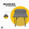A table tennis table with a net, shown from a slightly elevated front-left angle, with a close-up inset of the net attachment mechanism. Produktbild-Vorschau