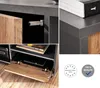 Collage of images showing details of a media console, including a door opening, shelving with books, and close-ups of the material and construction. Náhľad obrázku produktu