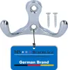 A chrome-plated double hook coat hanger with two screws and a blue tag. Produktbild-Vorschau