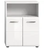 A white, high-gloss cabinet with two doors and an open shelf. Podgląd zdjęcia produktu