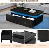 A collage of images showing a modern black coffee table with LED lighting and drawers, along with close-up views of its features. Produktbild-Vorschau