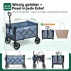 A collage of images showing a foldable wagon, its dimensions, and how it folds. Produktbild-Vorschau