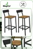 Two industrial-style bar stools with wooden seats and black metal frames are displayed against a white background. Smaller inset images show details of the stool's backrest, seat, and frame. Podgląd zdjęcia produktu