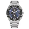 A close-up studio shot of a men's analog watch with a blue dial and silver metal band. Produktbild-Vorschau