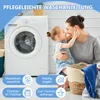 A mother and child are interacting in front of a washing machine, with laundry basket and icons indicating washing instructions. Produktbild-Vorschau