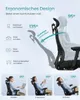 Diagrams and lifestyle shots illustrating the ergonomic features and different reclining positions of an office chair. Produktbild-Vorschau