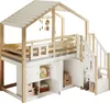 A loft bed with a house-shaped frame, stairs, and storage compartments underneath. Voir les images du produit