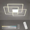 A modern LED ceiling light with a geometric design, shown on a gray background. Below the light, there are graphics illustrating color temperature and brightness adjustments, along with a remote control. Anteprima dell’immagine prodotto