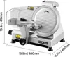 A commercial meat slicer is shown from a three-quarter angle on a white background, with dimensions indicated. Náhled obrázku produktu