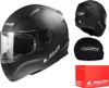 A black LS2 motorcycle helmet is displayed with its accessories and packaging. Náhled obrázku produktu