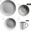 A flat lay arrangement of dinnerware items, including plates, bowls, and mugs, with dimensions and quantities indicated. Produktbild-Vorschau