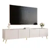 A modern TV lowboard with a television displaying credits, a bust, and a vase of flowers. Voir les images du produit