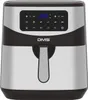 A front view of a silver and black air fryer with a digital display and a handle. Produktbild-Vorschau